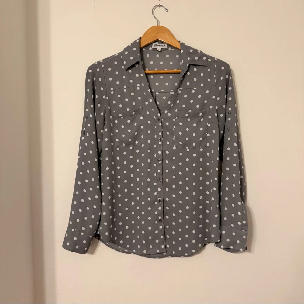 Express Portofino Shirt Small Gray White Polka Dot Button Front Blouse - Picture 1 of 9